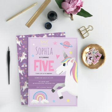girls cute purple unicorn kids 5th birthday invitation