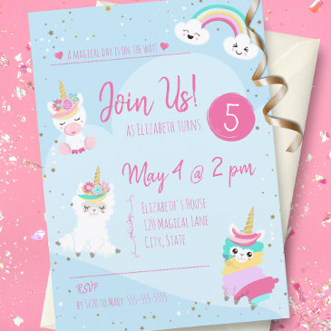 girls llamacorn unicorn birthday party invitation