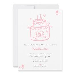 Small Girls Pink Cake 2nd Birthday Invitation Front View