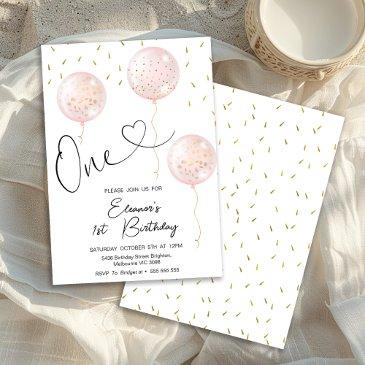 girls sprinkles pink balloons 1st birthday invitation