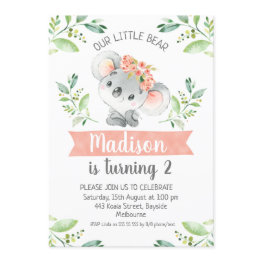 Small Girls Watercolor Koala Bear Birthday Invitation Front View