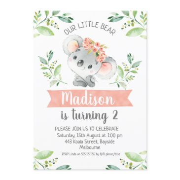 girls watercolor koala bear birthday invitation
