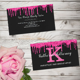 Small Girly Black Hot Pink Glitter Drips Chic Monogram Business Invitations Front View