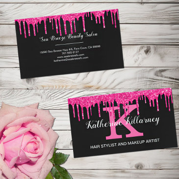 girly black hot pink glitter drips chic monogram business invitations