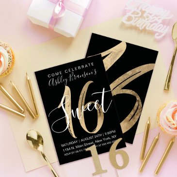 girly black white faux gold foil sweet 16 invitation