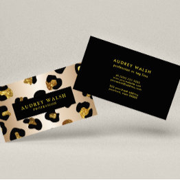 Small Girly Glittery Faux Gold Leopard Print Luxury Business Invitations Front View