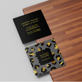 Small Girly Glittery Gold Gray Leopard Print Luxury Square Business Invitations Front View