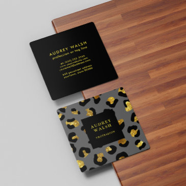 girly glittery gold gray leopard print luxury square business invitations