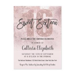 Small Girly Grunge Rose Gold Pink Glitter Foil Sweet 16 Invitation Postinvitations Front View