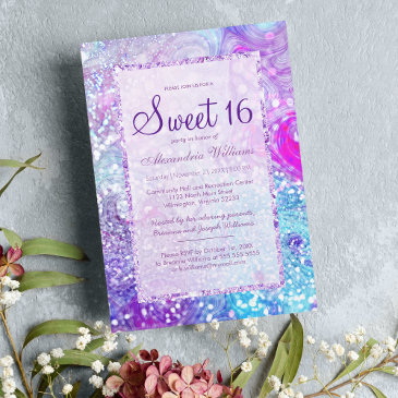 girly lilac lavender teal marble glitter sweet 16 invitation
