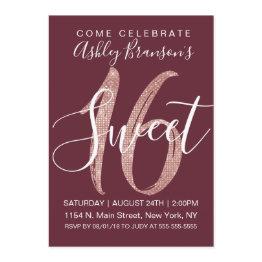 Small Girly Marsala Rose Gold Sequin Glitter Sweet 16 Invitation Front View