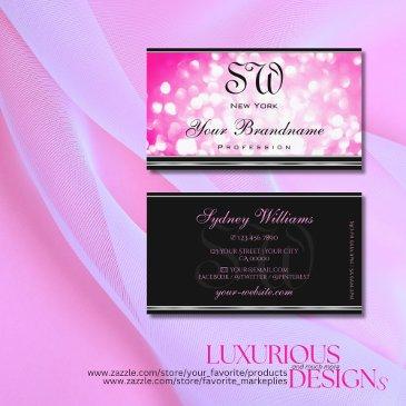 girly pink glitter black silver border monogram business invitations