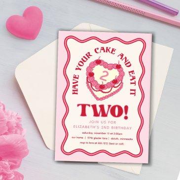 girly pink have your cake and eat it two birthday invitation
