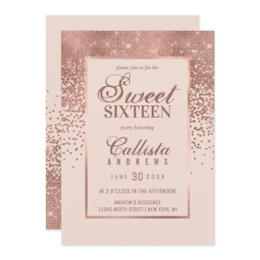 girly pink rose gold glitter confetti sweet 16 invitation