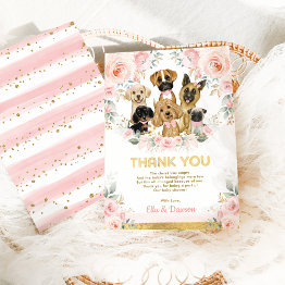Small Girly Puppy Baby Shower Blush Pink Floral Dogs Thank You Invitations Front View