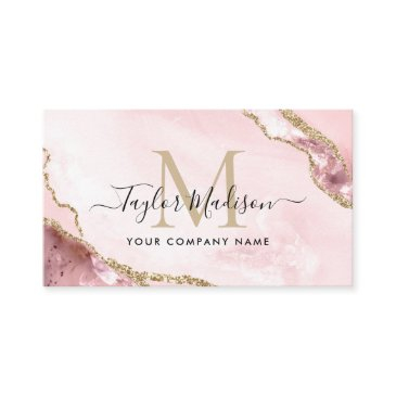 glam blush pink gold glitter marble agate monogram business invitations