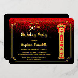 Small Glam Chicago Sign 90th Birthday Foil Invitation Front View