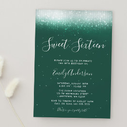 Small Glam Emerald Green Sweet 16 Invitation Front View