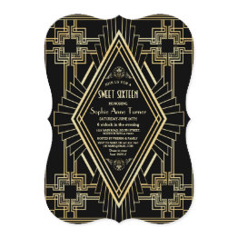 Small Glam Gold And Black Great Gatsby Sweet 16 Invitation Front View