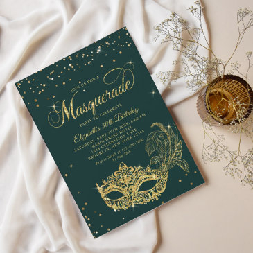 glam green gold glitter masquerade birthday invitation