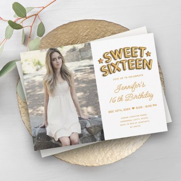 glam photo gold white balloons sweet 16 invitation