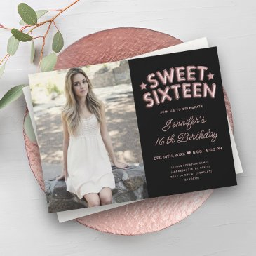 glam photo rose gold black balloons sweet 16 invitation