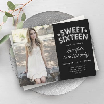 glam photo silver black balloons sweet 16 invitation