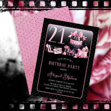 glam pink black fashion 21st birthday party invitation