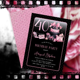 Small Glam Pink Black Fashion 40th Birthday Party Invitation Front View