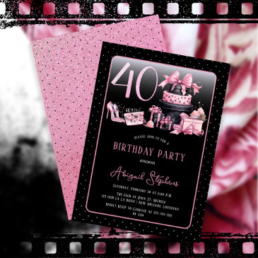 glam pink black fashion 40th birthday party invitation