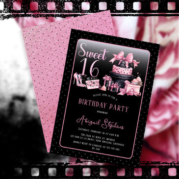 glam pink black fashion sweet 16 birthday party invitation