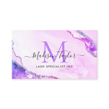 glam purple violet glitter marble agate monogram business invitations