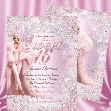 glam sweet 16 pink silver winter wonderland tiara invitation