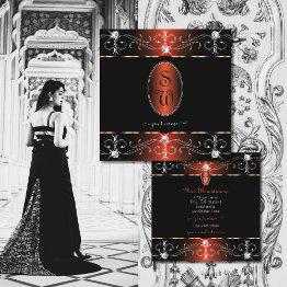 Small Glamorous Black Copper Ornate Ornaments Monogram Square Business Invitations Front View