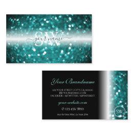 Small Glamorous Black Teal Sparkling Glitter Monogram Business Invitations Front View