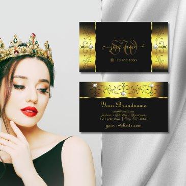 glamorous gold and black squiggled jewels monogram business invitations