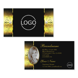 Small Glamorous Gold Black Squiggled Jewels Logo & Photo Business Invitations Front View
