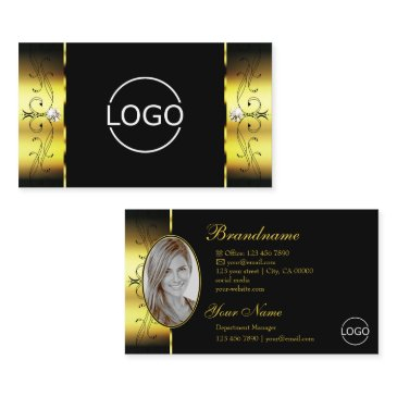 glamorous gold black squiggled jewels logo & photo business invitations