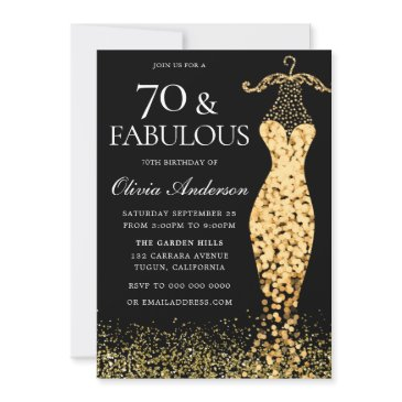 glamorous gold dress fabulous 70th birthday invitation
