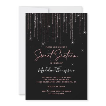 glamorous sparkling rose gold black sweet sixteen invitation