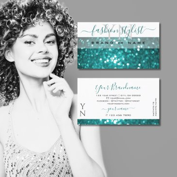 glamorous white teal sparkle glitter with monogram business invitations