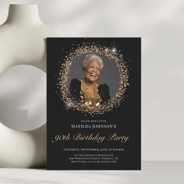 glitter black gold 90th birthday party invitation