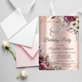 Small Glitter Drips Rose Gold Floral 80th Birthday Invitation Front View