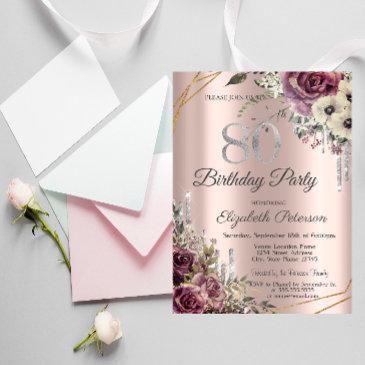 glitter drips rose gold floral 80th birthday invitation