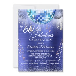 Small Glitter Glam 60th Birthday Blue Disco Ball Invitation Front View