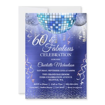 glitter glam 60th birthday blue disco ball invitation