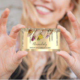Small Glitter Gold Drips Nail Manicure Floral Business Invitations Front View