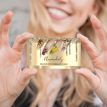 glitter gold drips nail manicure floral business invitations