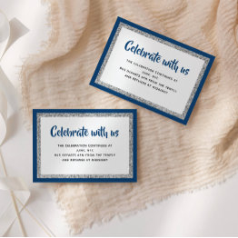 Small Glittery Bat Mitzvah Navy Blue And Silver Detail Enclosure Invitations Front View