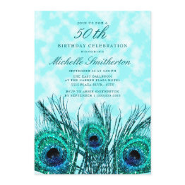 Small Glittery Teal Blue Peacock Feathers 50th Invitation Front View